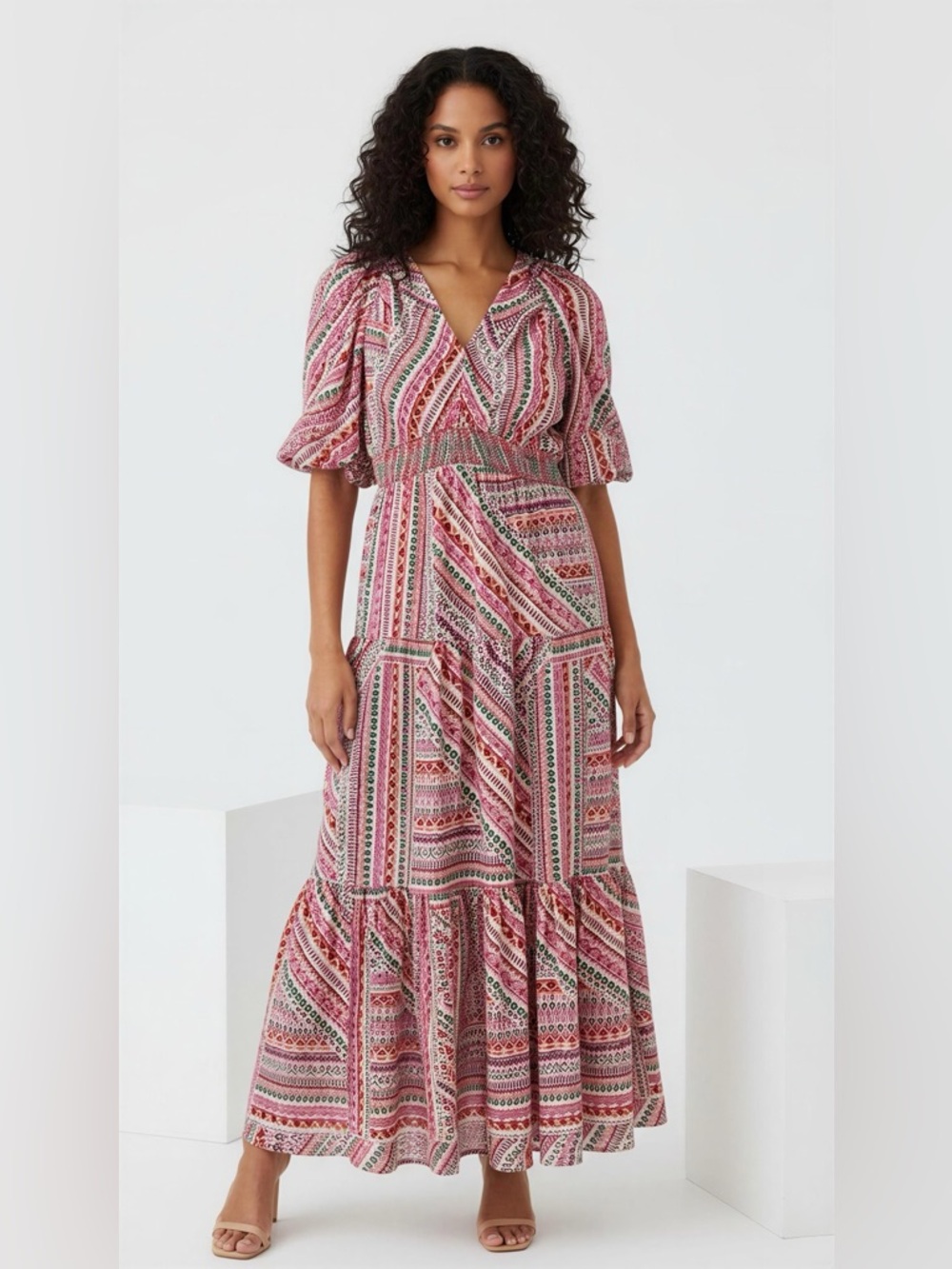 Democracy Prarie 3/4 Bubble Sleeve Three-Tiered Print Maxi Dress Size M